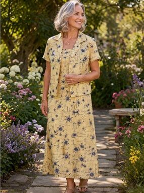 VTG Sarah Elizabeth Yellow Blue Floral Dress Matching Jacket grannycore